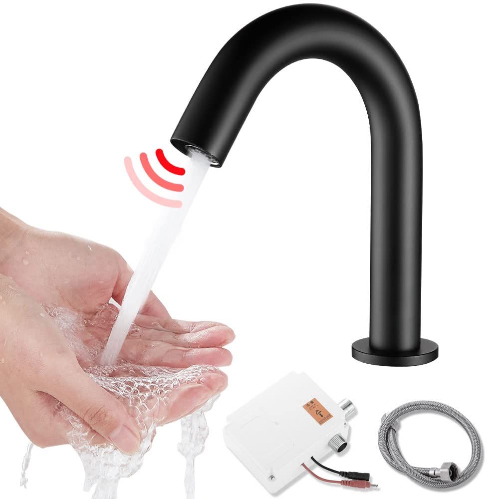 ☆新品☆洗面蛇口 自動水栓 センサー水栓 洗面用蛇口 洗面台用 自動赤外線検知 スマート単水栓 電池式（バッテリーを含まなく） ステンレス製 黒 | 単冷水 非接触式 節水 手洗い自動 公共の場所で 家庭での使用 標準のG1/2接続ホース付き 2e60aca3