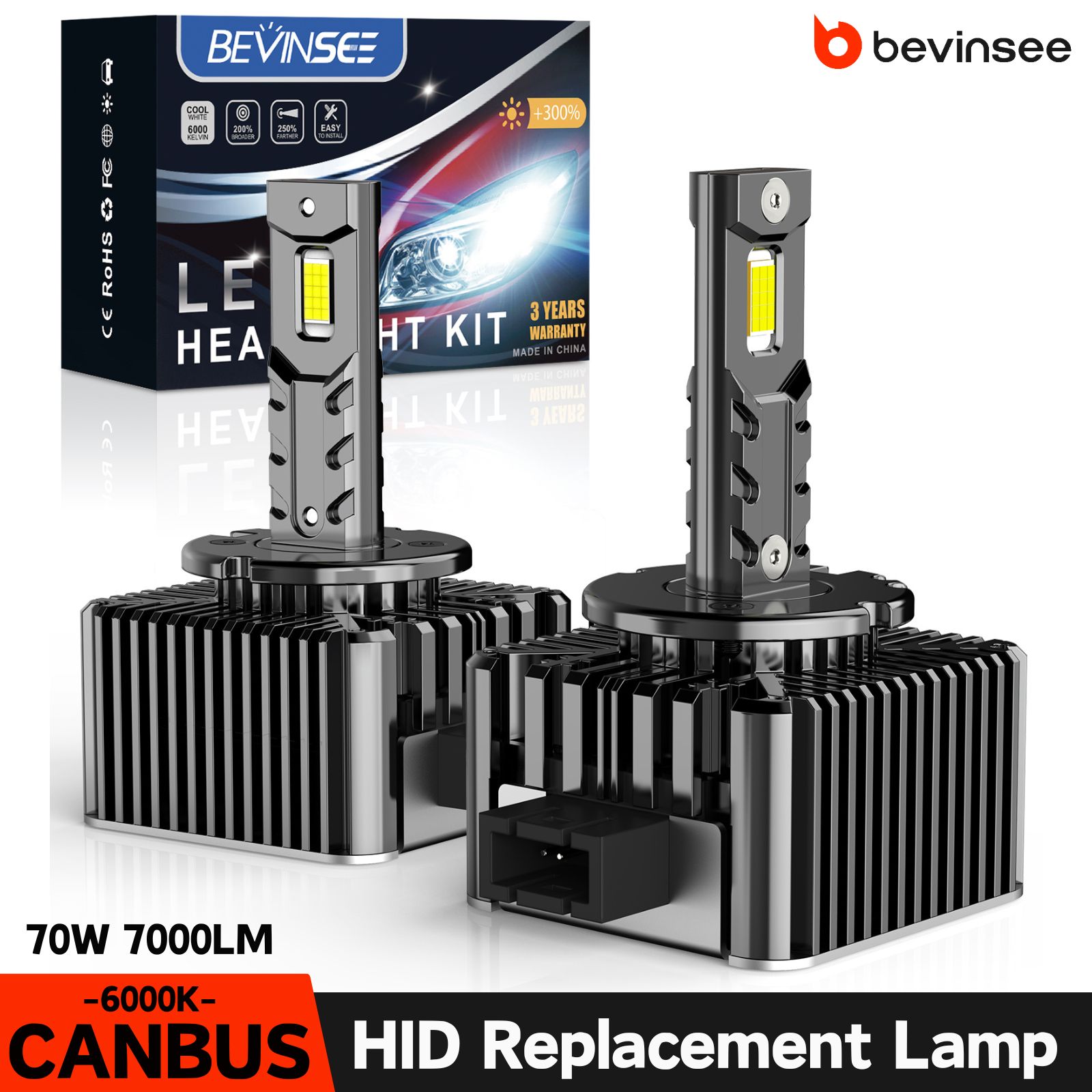 BEVINSEE D1S/D2S/D3S/D5S 車用LEDライト 70W 7000LM 6000K HIDキセノン交換