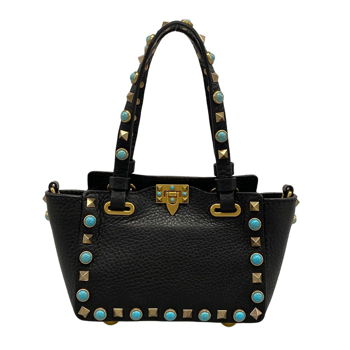 VALENTINOGARAVANI(バレンチノガラバーニ) ハンドバッグ - 黒×ライトブルー×ゴールド スタッズ レザー 59,760円
