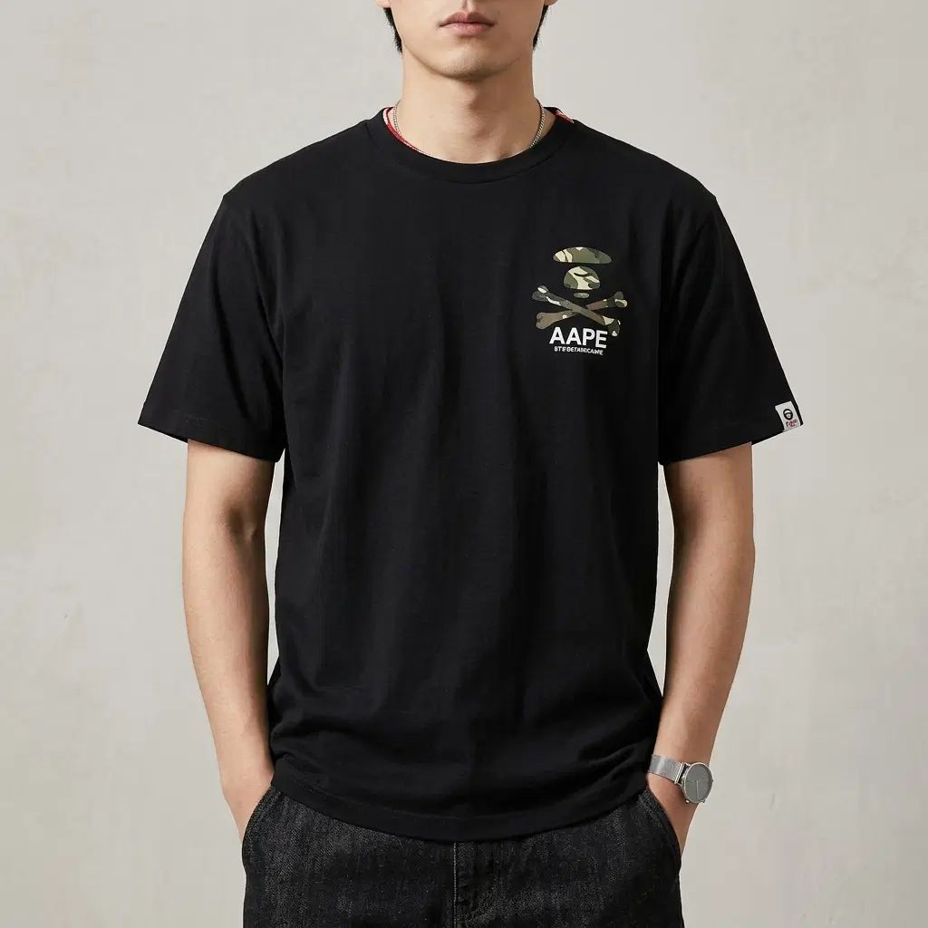 エイプ(AAPE) カモフラ スカル グラフィック 半袖 Tシャツ ブラック 90-95
