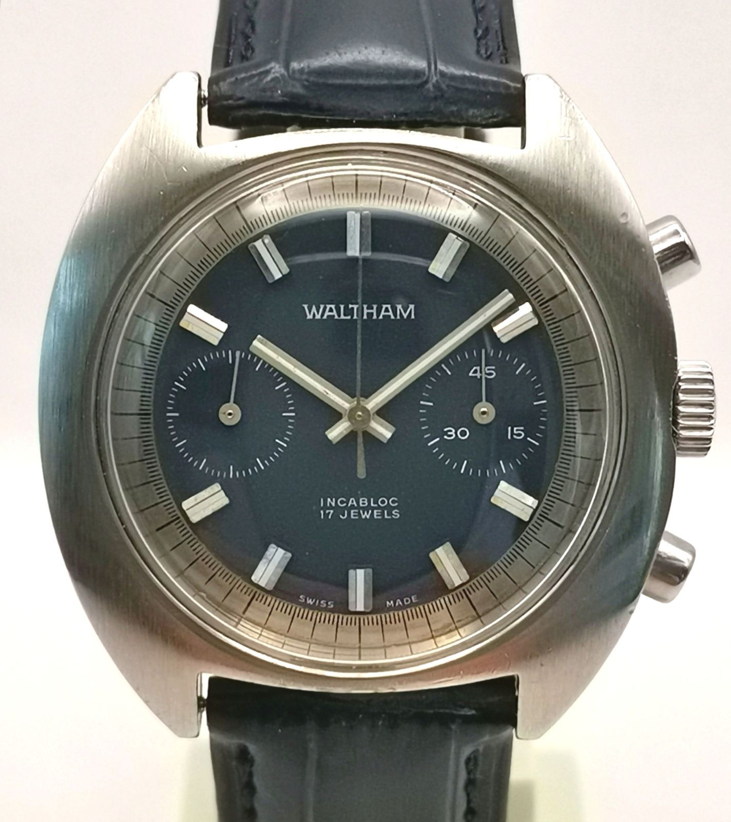 OH済 希少 WALTHAM ウォルサム クロノグラフ Valjoux7733 ダークブルー 1970s 良品 手巻き 時計