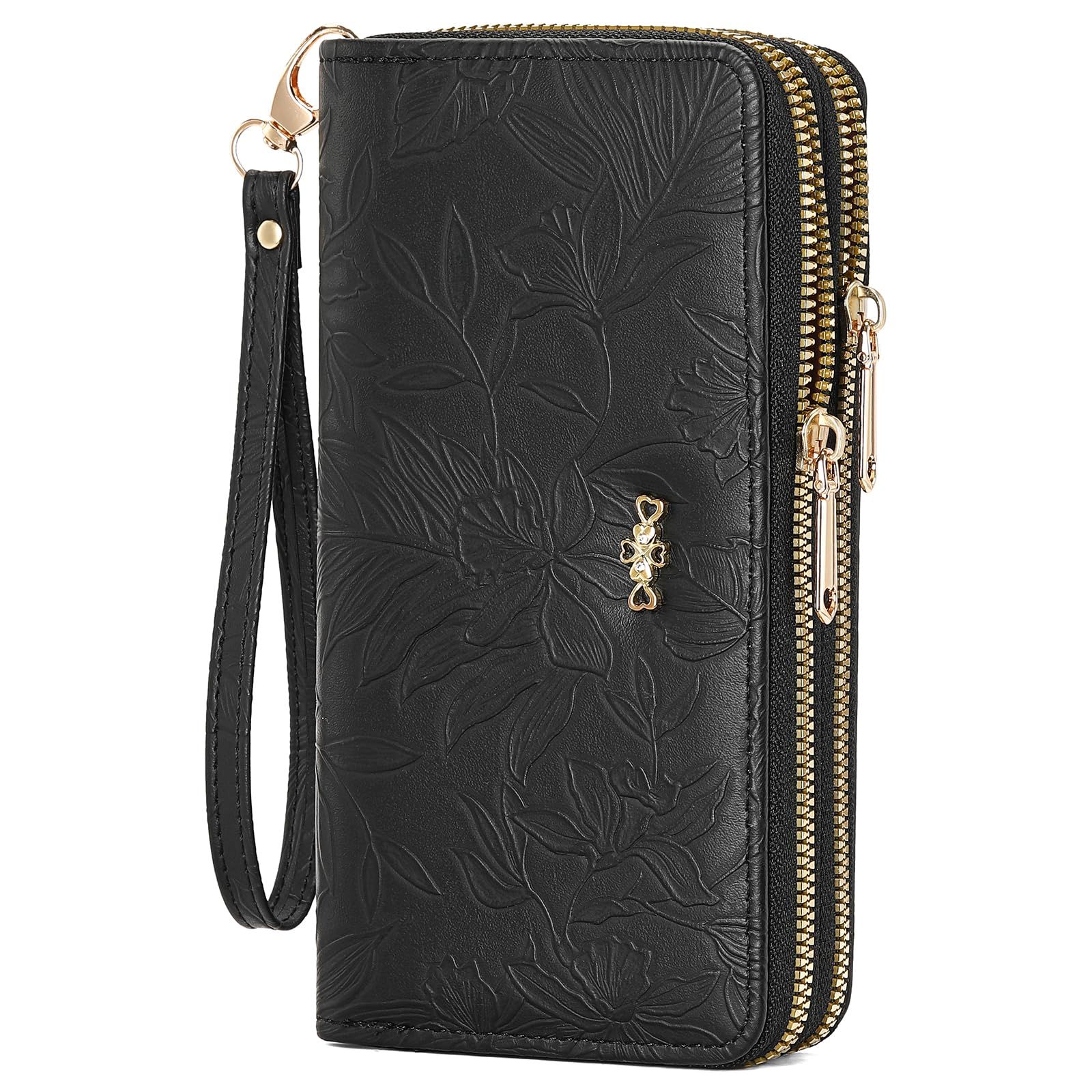 A2-Black Small Women's Long Wallet, Large Capacity, Multi-function Card Case, Coin Purse, Bi-fold Wallet, Anti-skimming Wallet, Double Zip Female Wallet