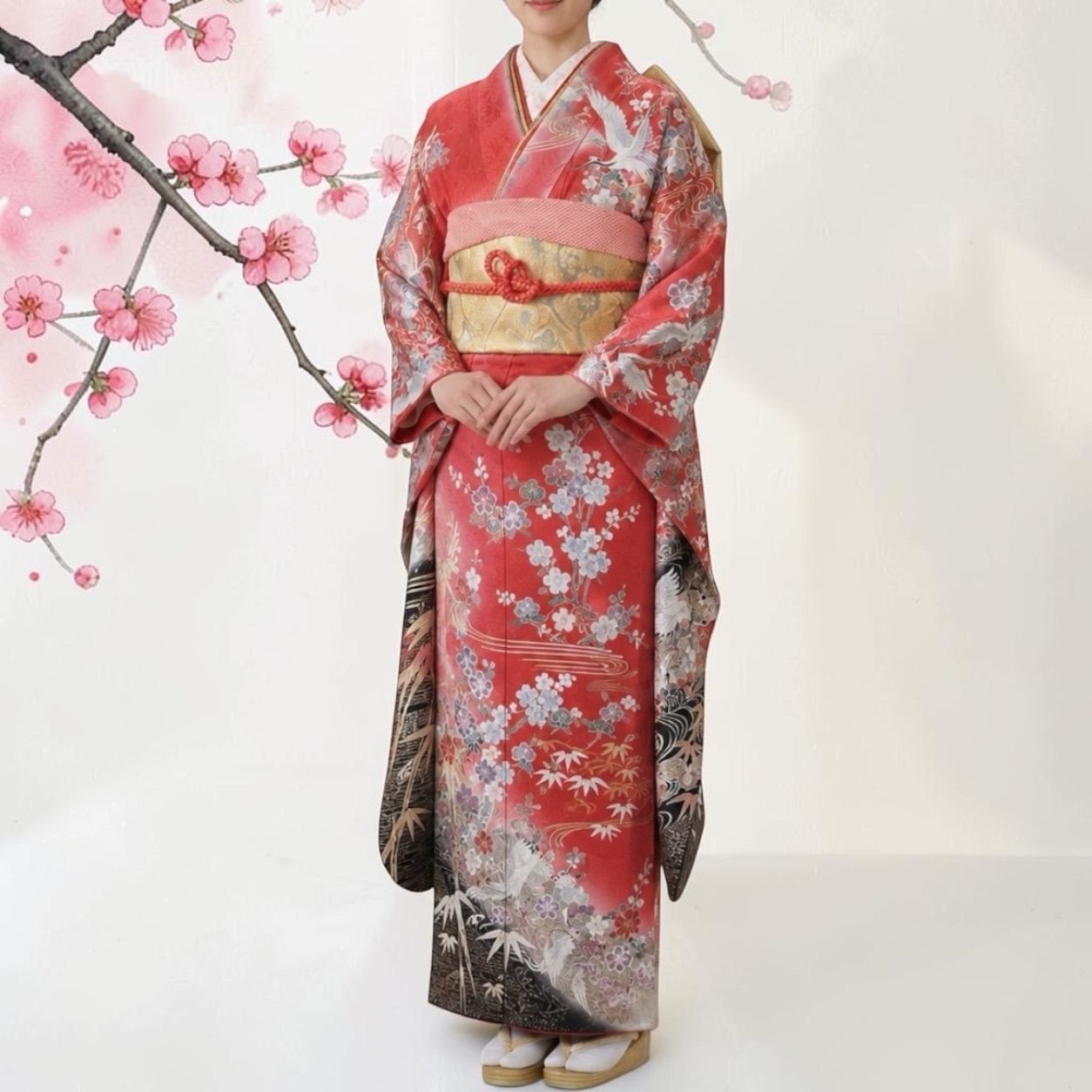 振袖フルセット 朱色 古典柄 縁起物 鶴と梅竹文様 金糸 正絹 成人式 結婚式