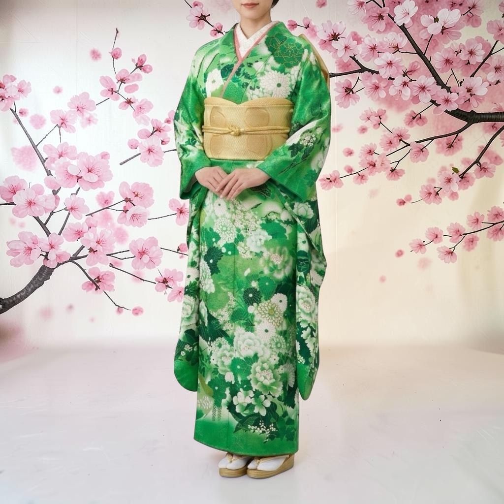 振袖フルセット 正絹 グリーン 菊牡丹金彩 成人式 結婚式可 162cm