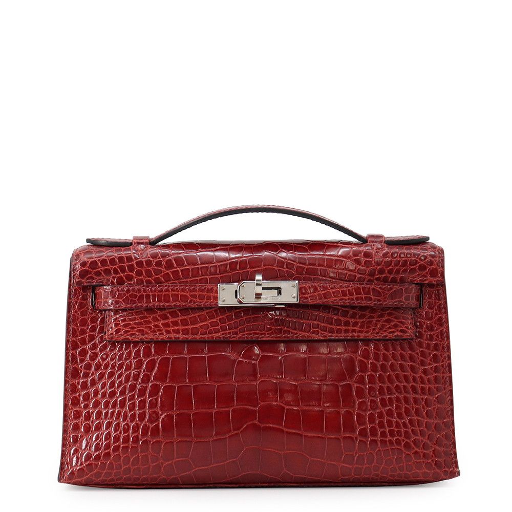 エルメス ハンドバッグ ポシェットケリー ルージュアッシュ/シルバー金具 アリゲーターシャイン □N刻印 HERMES