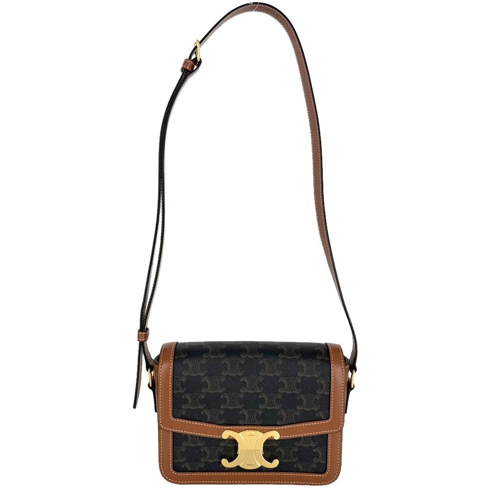 セリーヌ ショルダーバッグ レディース ティーン トリオンフ 肩掛け 斜め掛け CELINE PVCコーティングキャンバス レザー ブラウン 茶 ゴールド金具 美品【中古品】