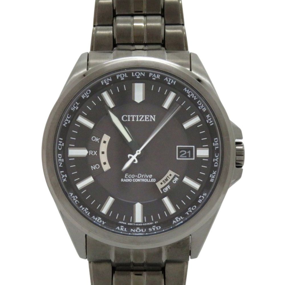 美品 シチズン H145-A11P401 SS ブラック エコドライブ ソーラー電波 腕時計 黒文字盤 1623 CITIZEN