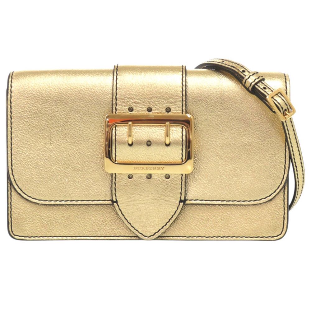 美品 バーバリー バックル メタリック レザー ゴールド ショルダーバッグ 1410 BURBERRY