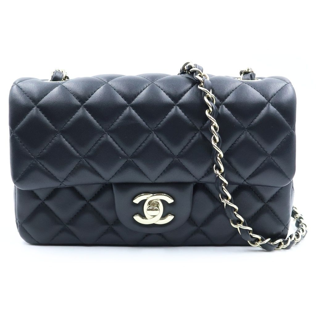 CHANEL (シャネル) ミニマトラッセ20 チェーンショルダーバッグ シングルチェーン シングルフラップ ブラック ラムスキン ゴールド金具 プレート A69900