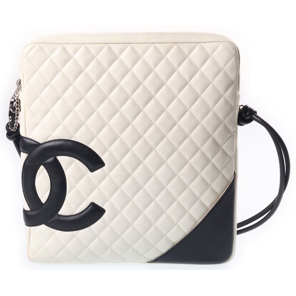CHANEL (シャネル) カンボンライン ココマーク キルティングショルダーバッグ ホワイト×ブラック ラムスキン シルバー金具