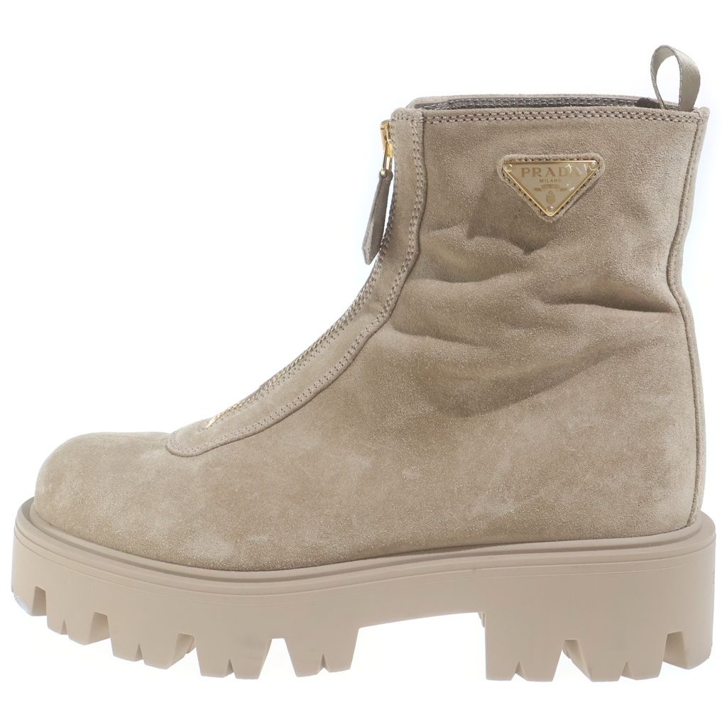 PRADA (プラダ) スエード ジップブーティー トライアングルプレート センタージップ アンクル ブーツ ベージュ 1T328O 60,500円