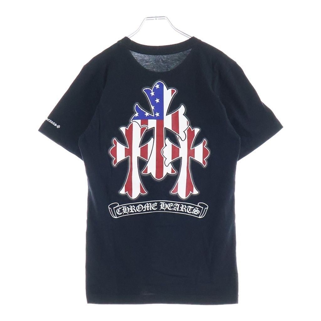 CHROME HEARTS (クロムハーツ) TRIPLE CROSS AMERICAN FLAG USA DAGGER T-SHIRTS アメリカンフラッグ トリプルクロス ダガー ポケット半袖Tシャツ ブラック