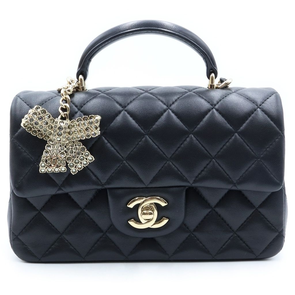 CHANEL (シャネル) トップハンドル ミニクラシックバッグ ハンド チェーンショルダーバッグ ラムスキン クリスタルリボンチャーム ブラック プレート 415,800円