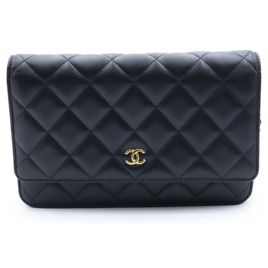 CHANEL (シャネル) マトラッセ ラムスキン レザー チェーンウォレット ショルダーバッグ ゴールド金具 ブラック プレート