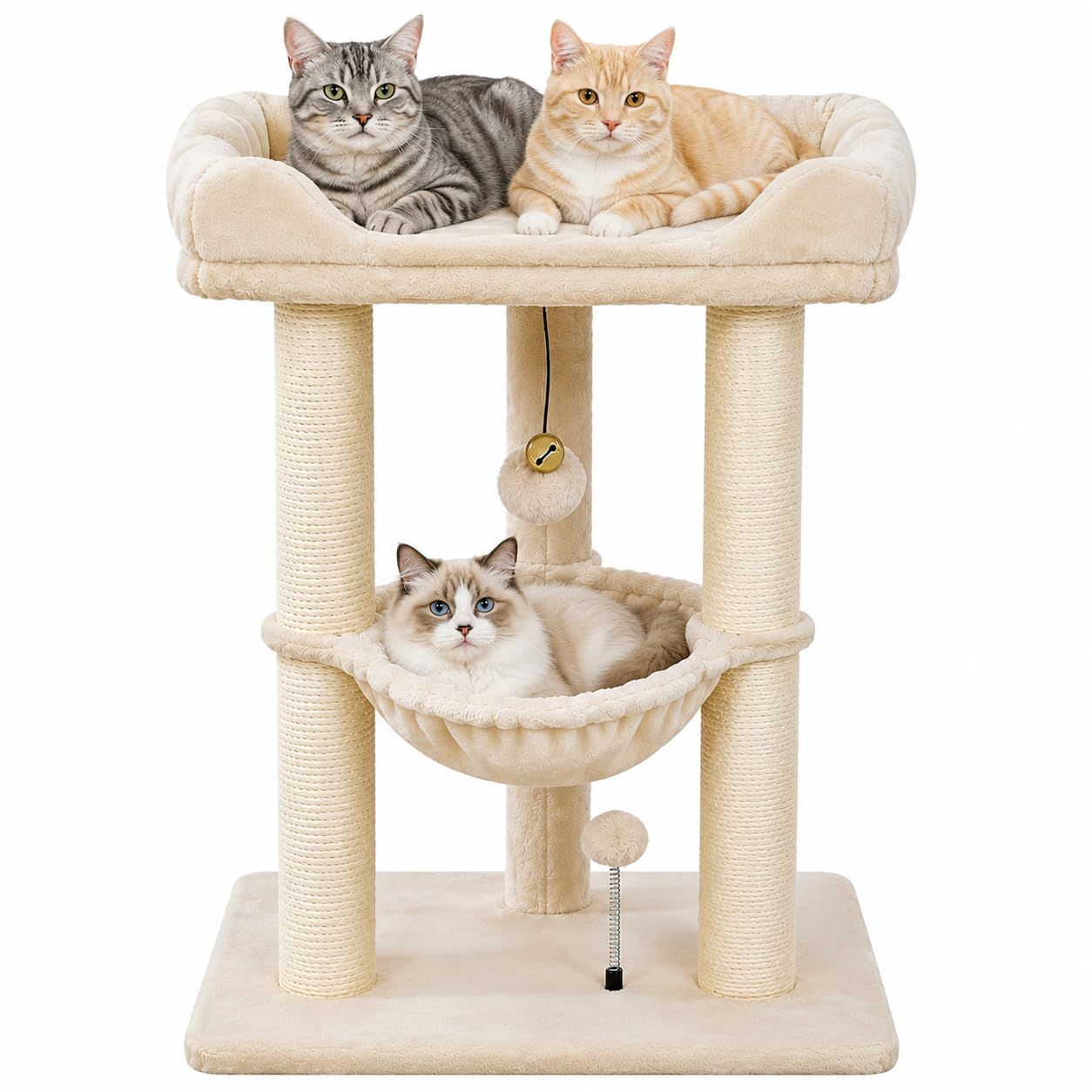 大型猫専用 キャットツリータワー トップパーチ付き 54×40cm 大型ベッド 取り外し可能カバー セルフグルーマー 太径サイザル爪とぎ ソフトハンモック付き ベージュ L サイズmt 55be07bc
