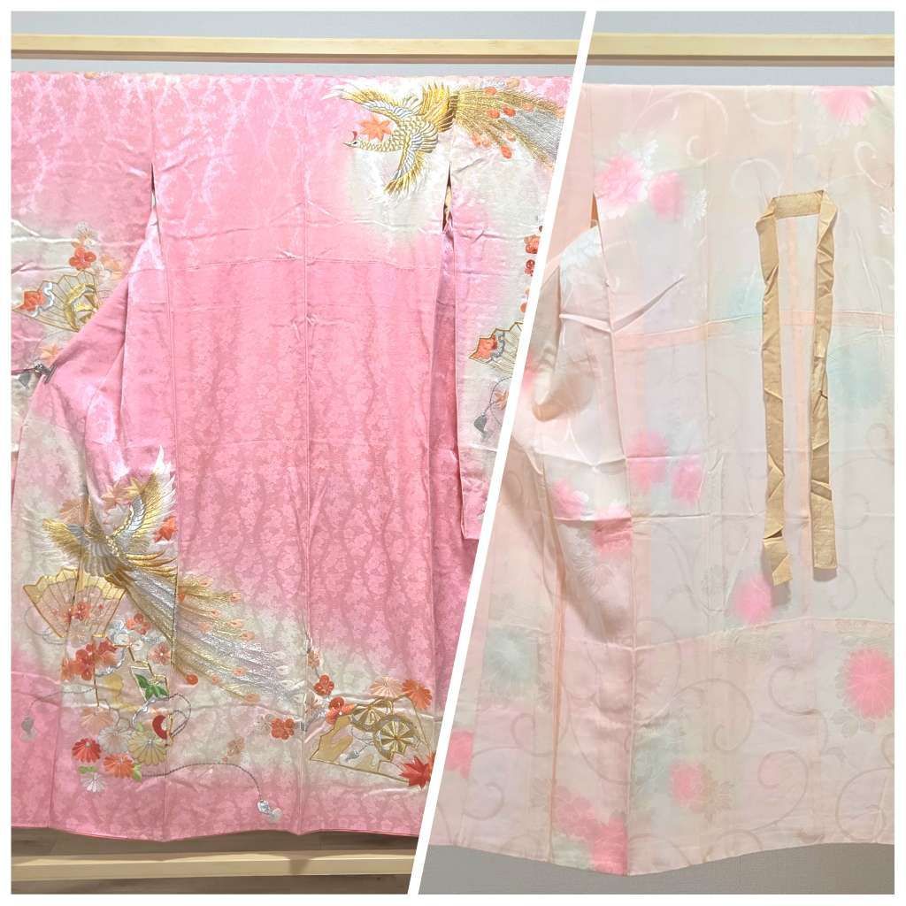 B5◆着物くつろぎ レトロ 鳳凰と花模様 金駒刺繍 金銀糸 刺繍 暈し 立涌 梅 橘 紅葉 組紐 扇 ピンク色 袷 正絹 振袖 着物