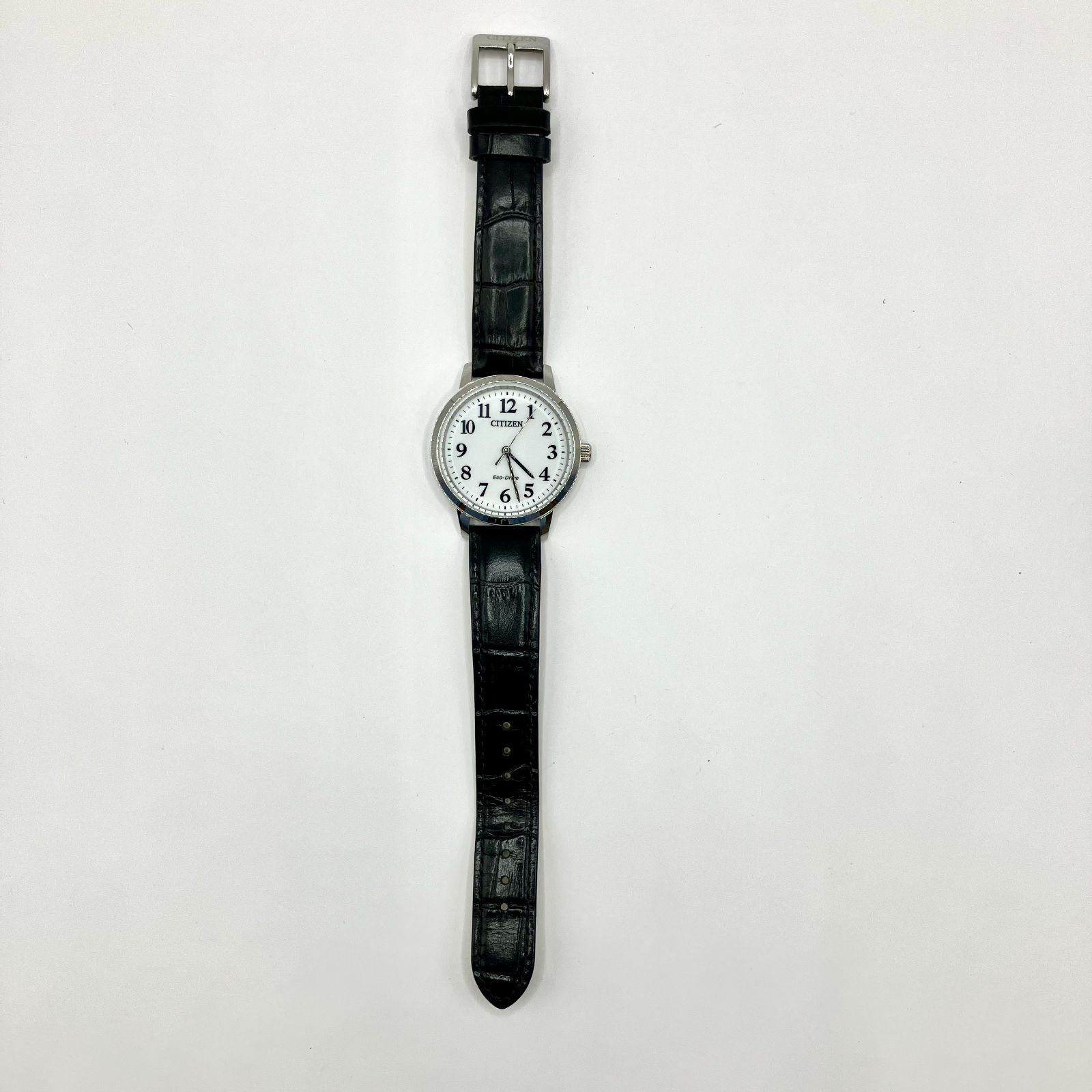 ■CITIZEN シチズン Eco-Drive エコドライブ ソーラー腕時計 ホワイト文字盤 ブラック クロコ型押しレザーベルト 18mm ステンレスケース メンズ 中古