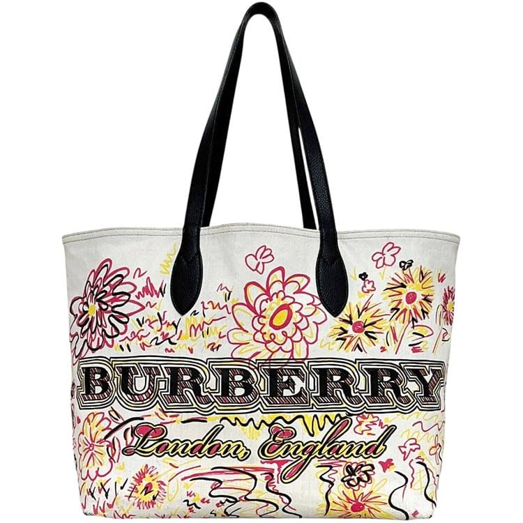バーバリー リバーシブル トートバッグ 美品 ドゥードル BURBERRY PVC レザー ホワイト 中古 レディース プリント 花柄 26,520円