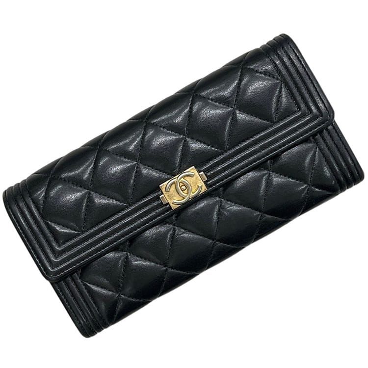 シャネル 二つ折り 長財布 美品 財布 ボーイシャネル A80286 28番台 CHANEL ラムスキン ココマーク ブラック 黒 中古 マトラッセ