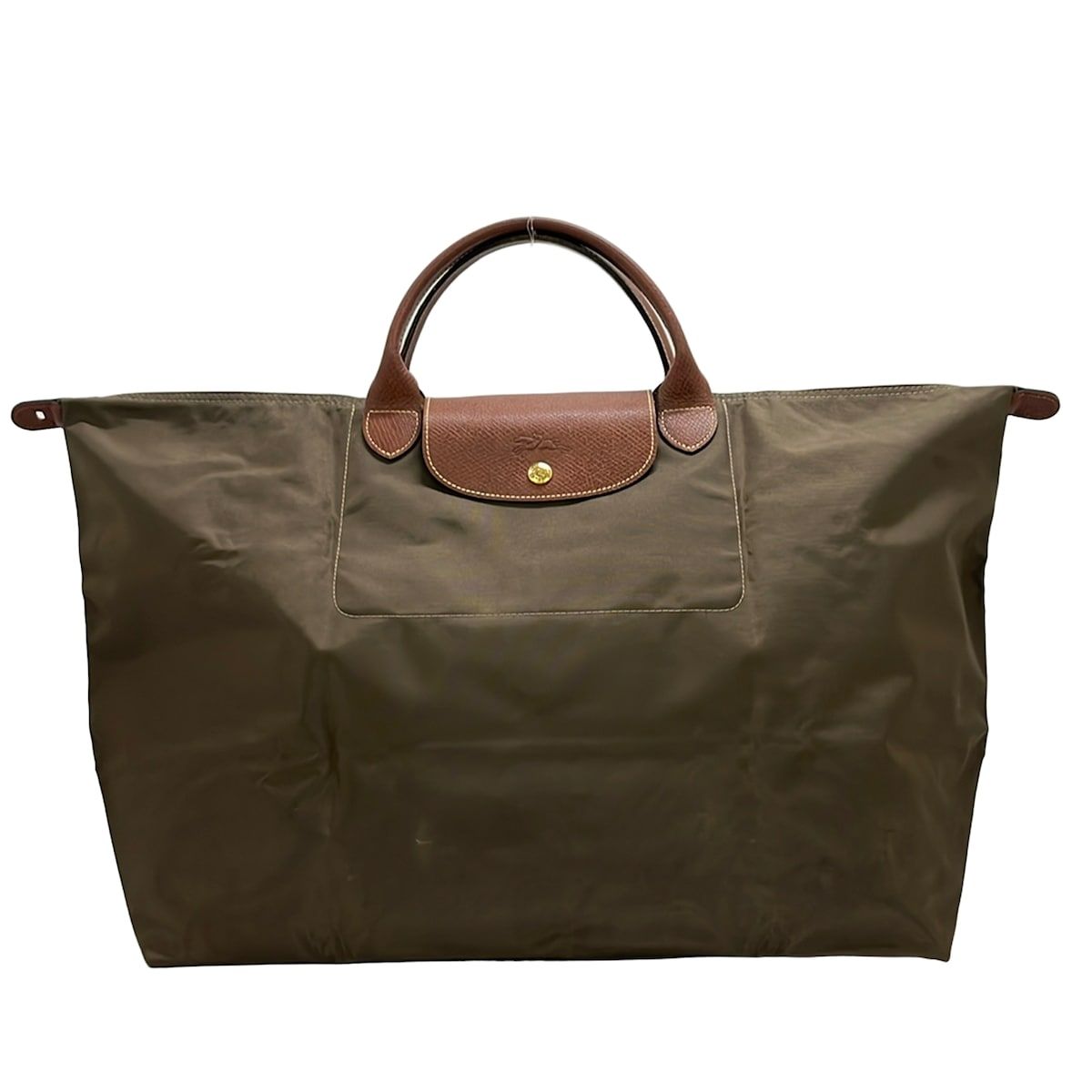 LONGCHAMP(ロンシャン) ボストンバッグ美品 ル・プリアージュオリジナル カーキ×ダークブラウン 折りたたみ/本体ロックなし レザー