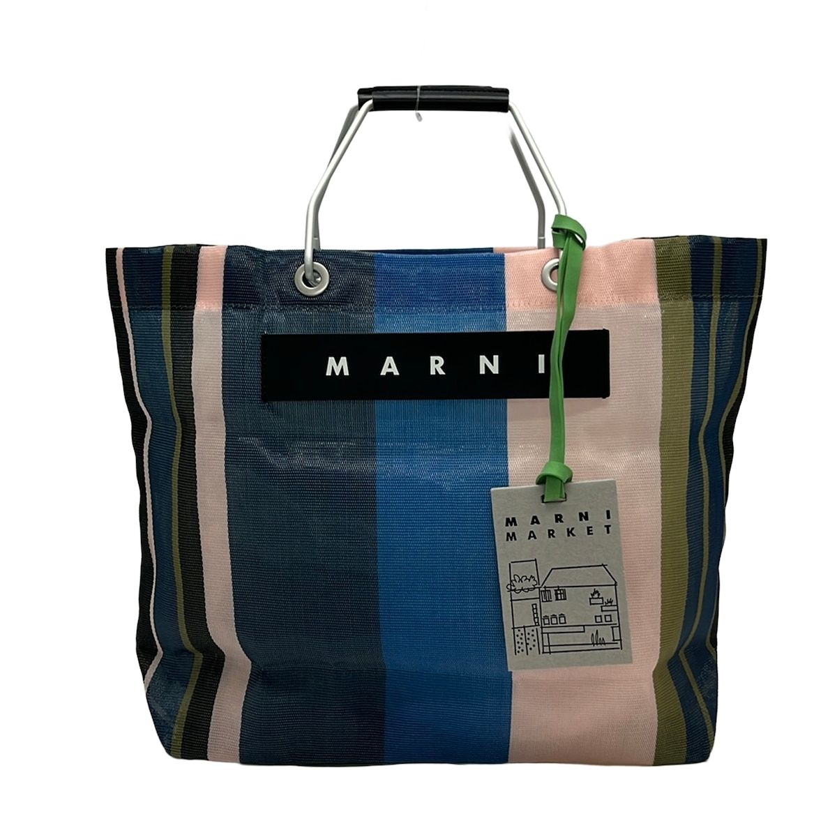 マルニ トートバッグ美品 マルニマーケット ストライプ バッグ SHMHR08A01 TN296 STB98 ネイビー×ダークネイビー×マルチ ストライプ