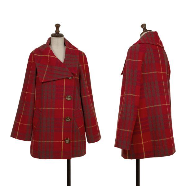 ヴィヴィアンウエストウッド レッドレーベルVivienne Westwood Red Label ウール混チェックビッグカラーハーフコート 赤1