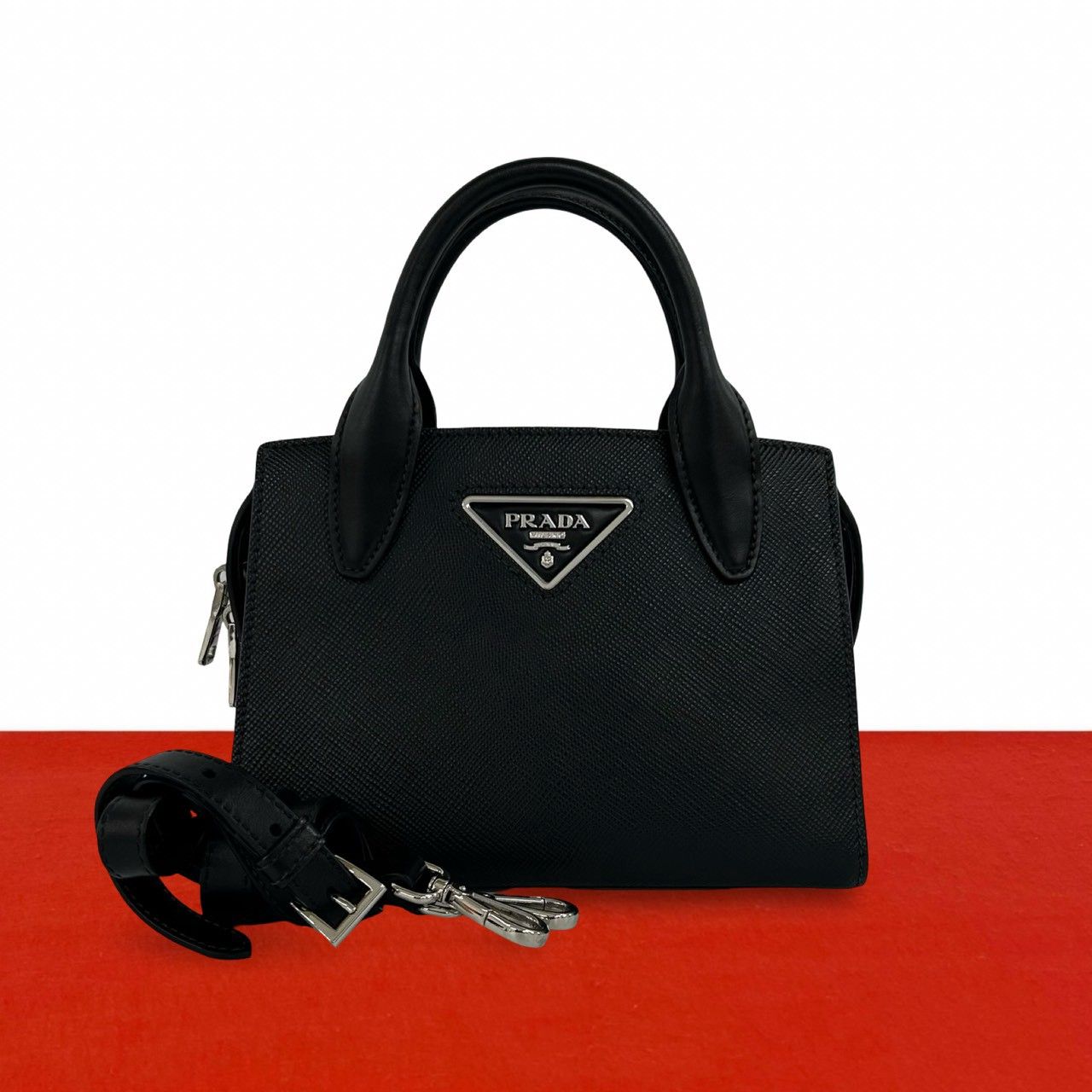 極 美品 PRADA プラダ クリステン 三角 ロゴ 金具 サフィアーノ レザー 本革 2way ショルダーバッグ ハンドバッグ ブラック 黒 30590