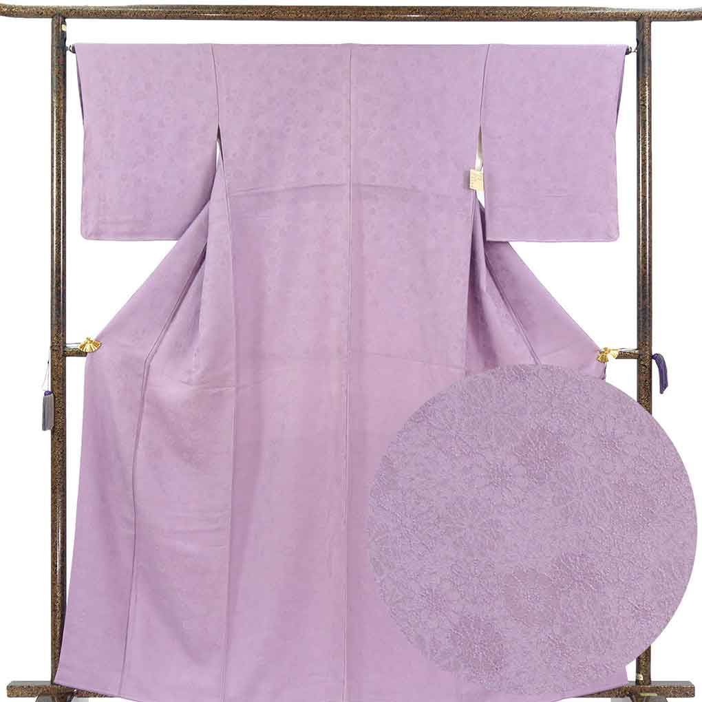 色無地 身丈164cm 裄66cm 前幅25cm 後幅30cm 袖丈49cm 袖幅32cm レディース 袷 無地 裄長 裄M-Lサイズ 秋冬春用 正絹（シルク）パープル トールサイズ 未使用品 リメイク リユース リサイクル【呉服のきくや】