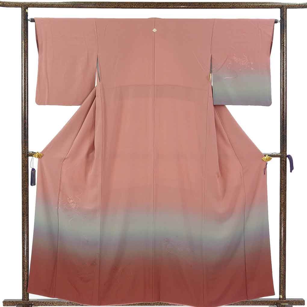 付下 身丈159cm 裄64cm 前幅25cm 後幅30cm 袖丈49cm 袖幅32cm レディース 袷 裾ぼかし 裄Mサイズ 秋冬春用 正絹（シルク）ピンク 美品 リメイク リユース リサイクル【呉服のきくや】