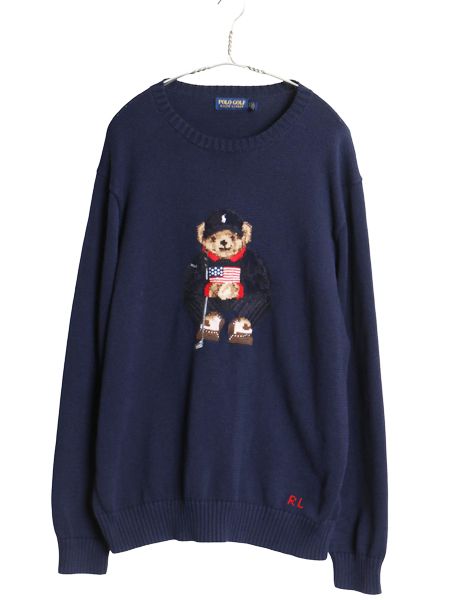 ポロベア ポロゴルフ ラルフローレン ニット セーター メンズ XL 古着 コットン キャラクター クルーネック 星条旗 ポニー 大きいサイズ 紺