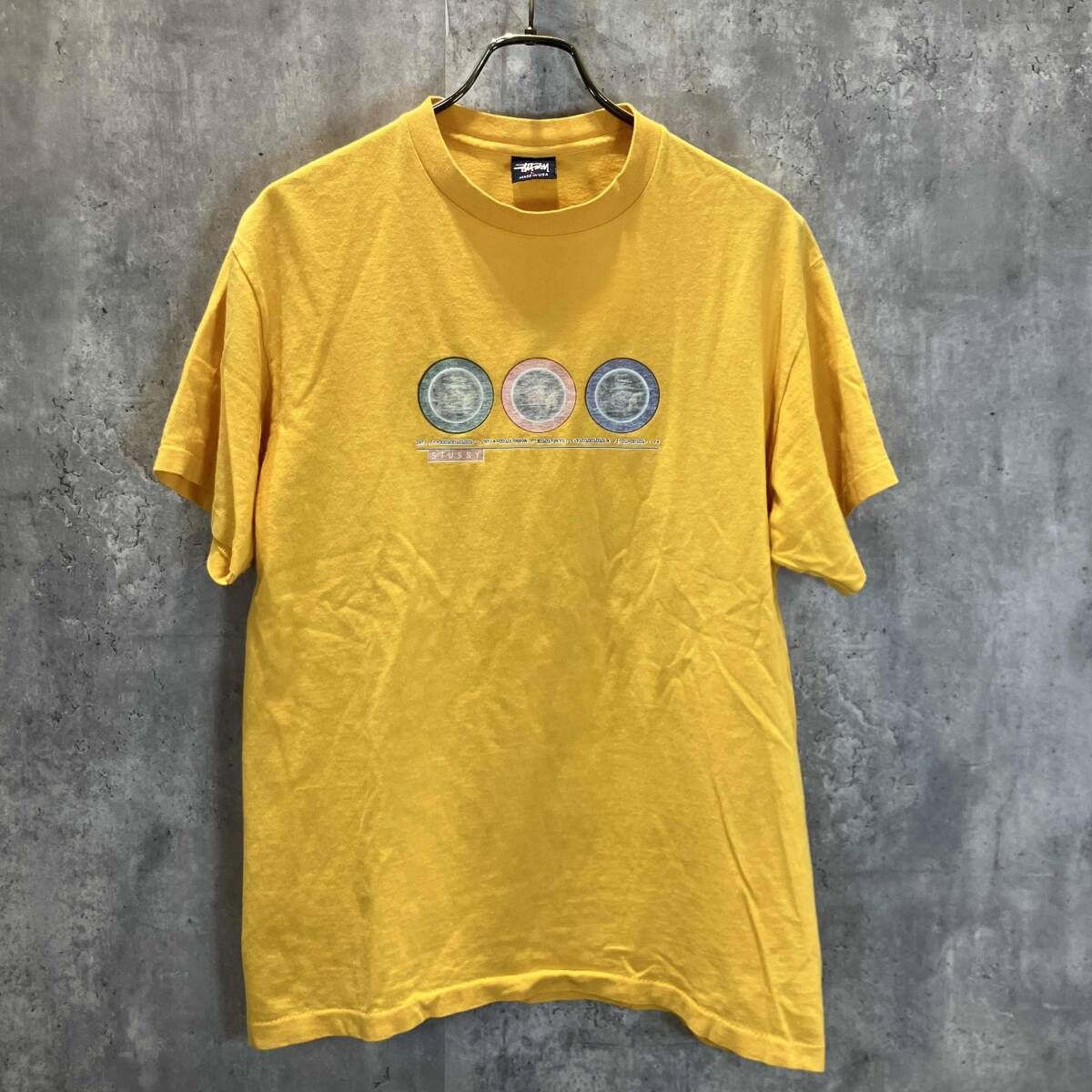 90s USA製 stussy 半袖Tシャツ 紺タグ プリントTee イエロー size L ステューシー