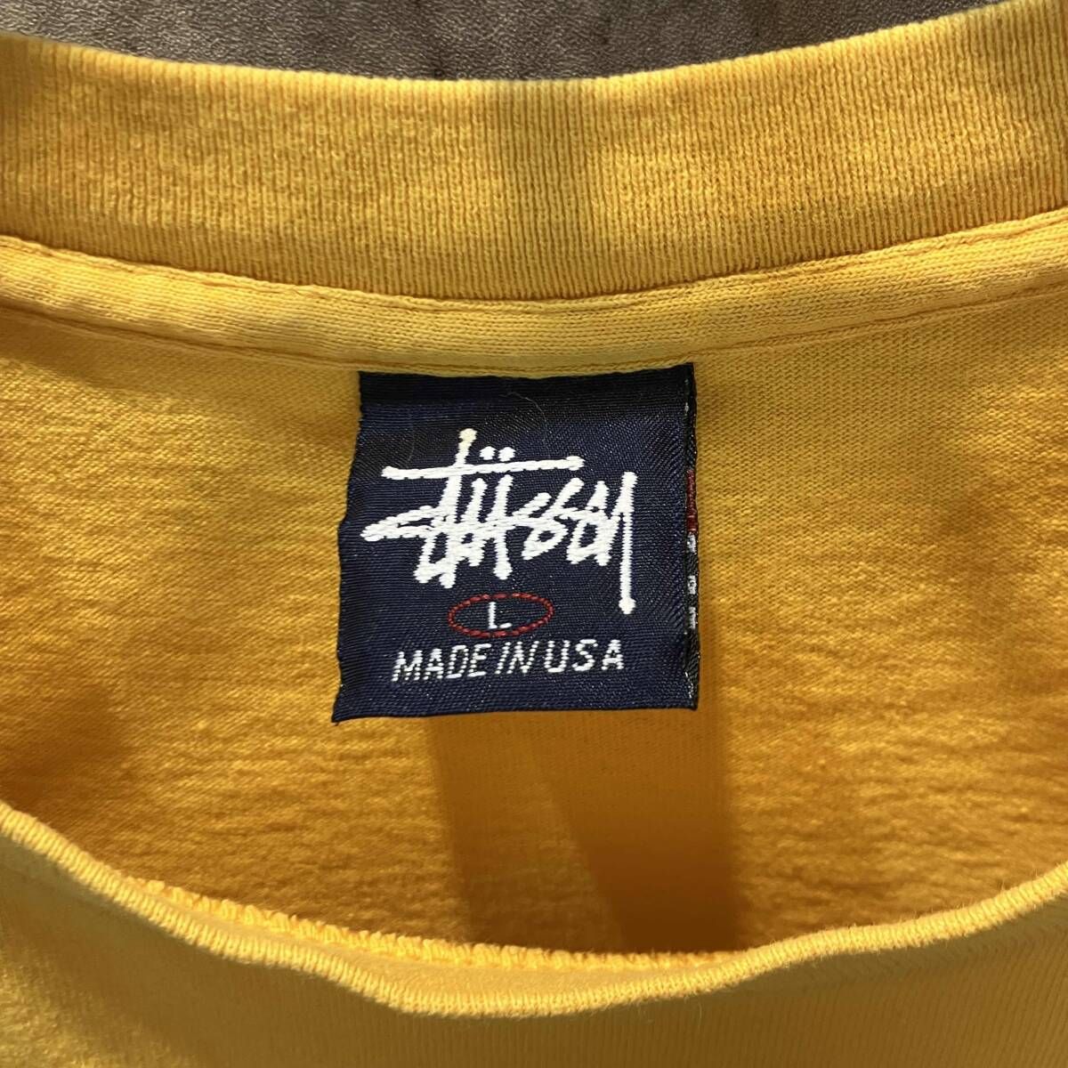 90s USA製 stussy 半袖Tシャツ 紺タグ プリントTee イエロー size L ステューシー