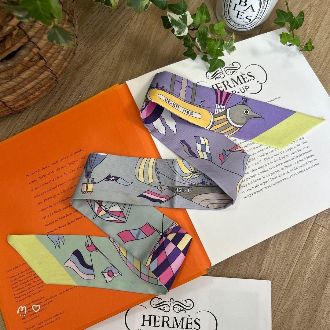 HERMES ツイリー スカーフ 気球柄 HERMESエルメス ツイリー 大空の狂気 気球 鳩 鳥柄 シルクリボン