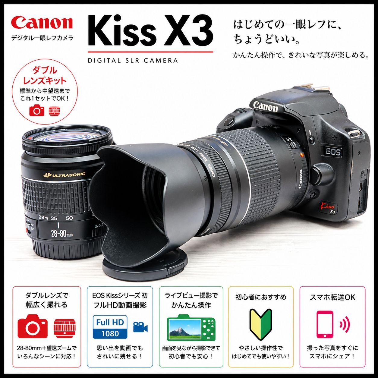 Canon EOS Kiss X3 ダブルレンズ USM スマホ転送セット　0198