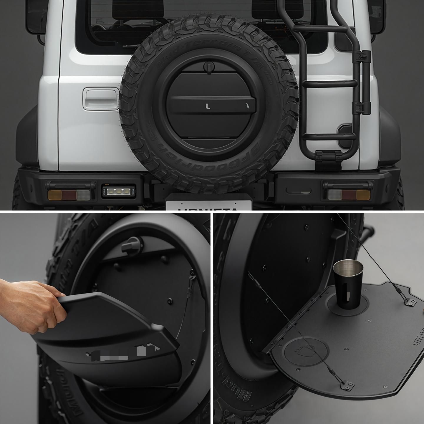 スズキ ジムニー JB74／JC74 2018～2026年対応 リアゲート スペアタイヤカバー テーブル機能付き ABS・アルミマグネシウム合金製 ブラック 460×460×165mm 外装アクセント アウトドア用作業台