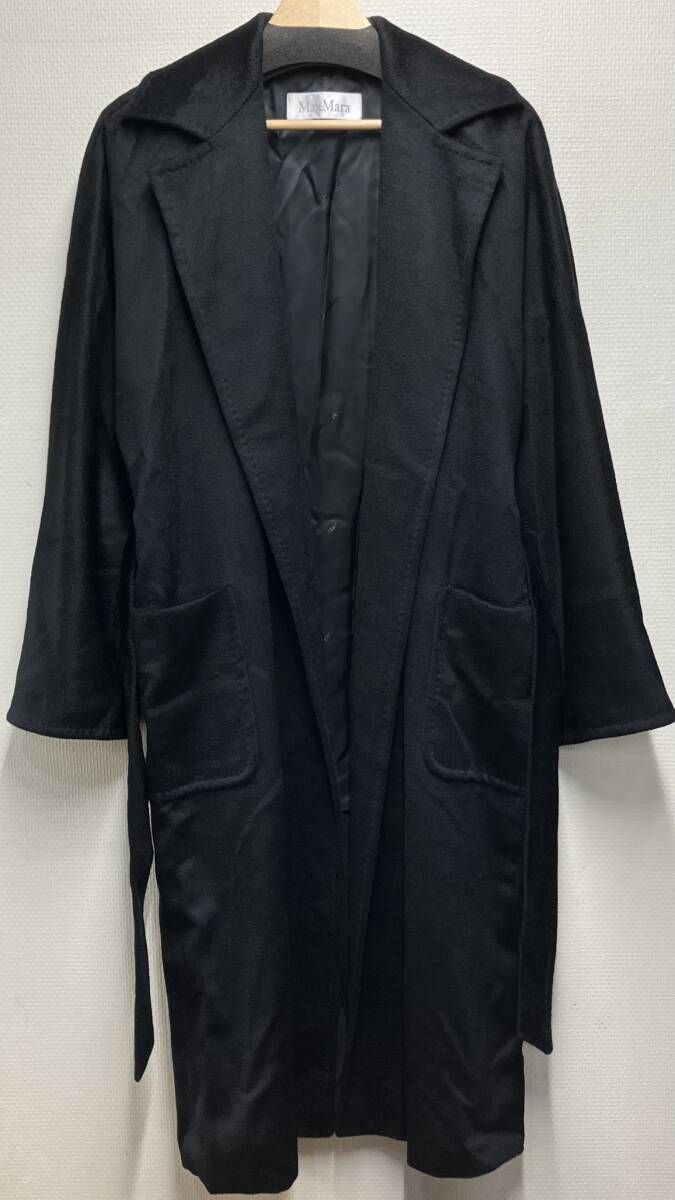 Max Mara イタリア製 キャメル ヘアー 100% ガウン コート マックス マーラ ロング ジャケット ベルト付き ブラック レディース