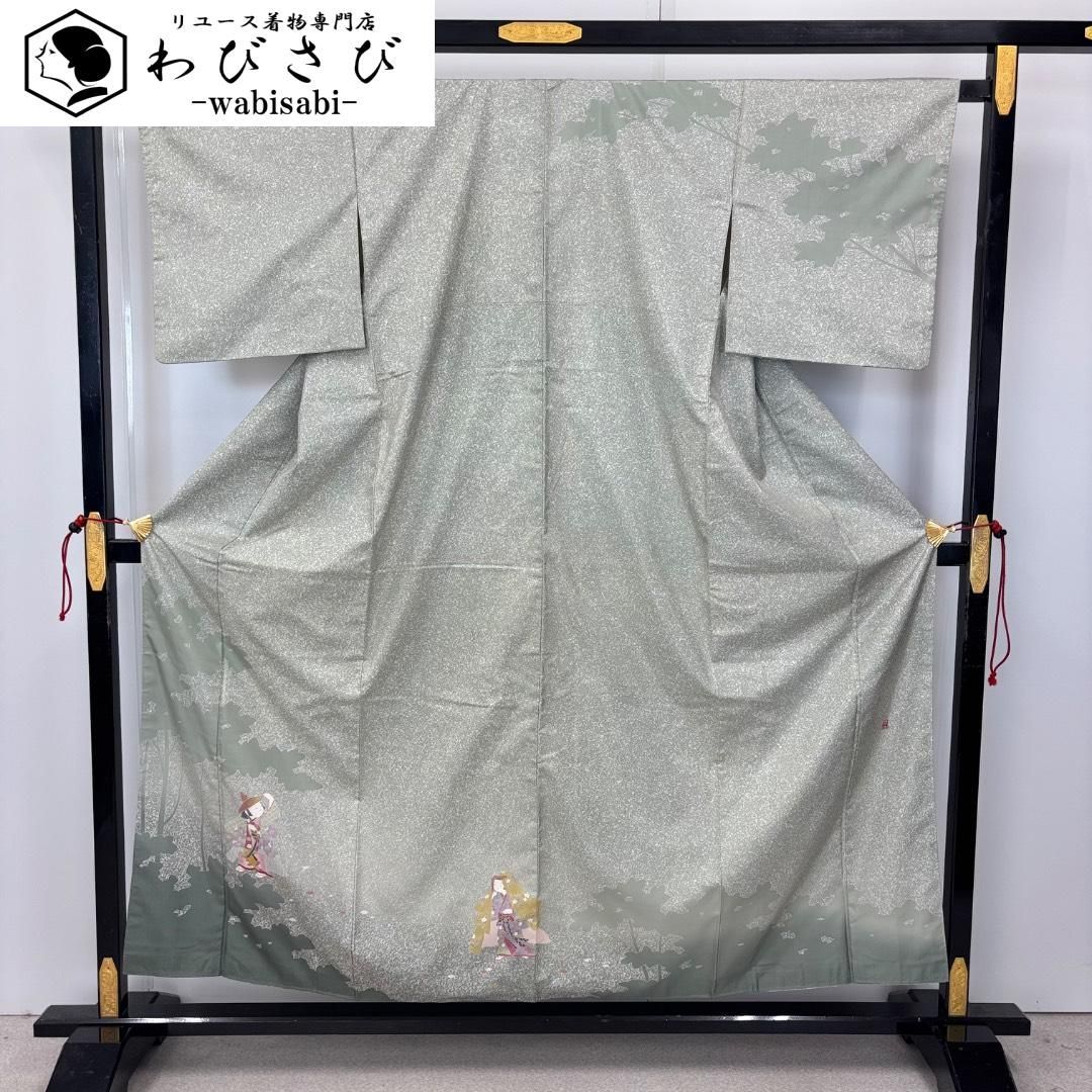 付下げ 作家物 染大島 叩き染 童子 木々 灰緑色 K-6165