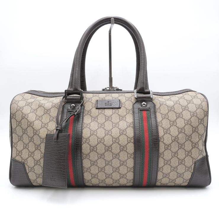 GUCCI（グッチ）GGスプリーム ヴィンテージ ボストンバッグ シェリーライン ベージュ ブラウン PVC レザー シルバー金具 メンズ レディース【中古】