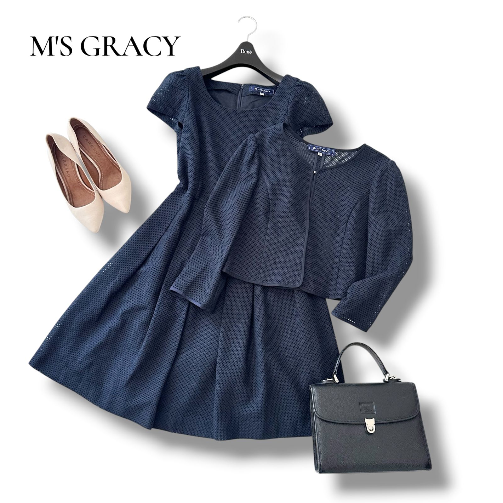 M'S GRACY エムズグレイシー レース ノーカラージャケット ワンピース 2点セット ネイビー 紺 38 M カットワーク フォーマル セレモニー 6AU037