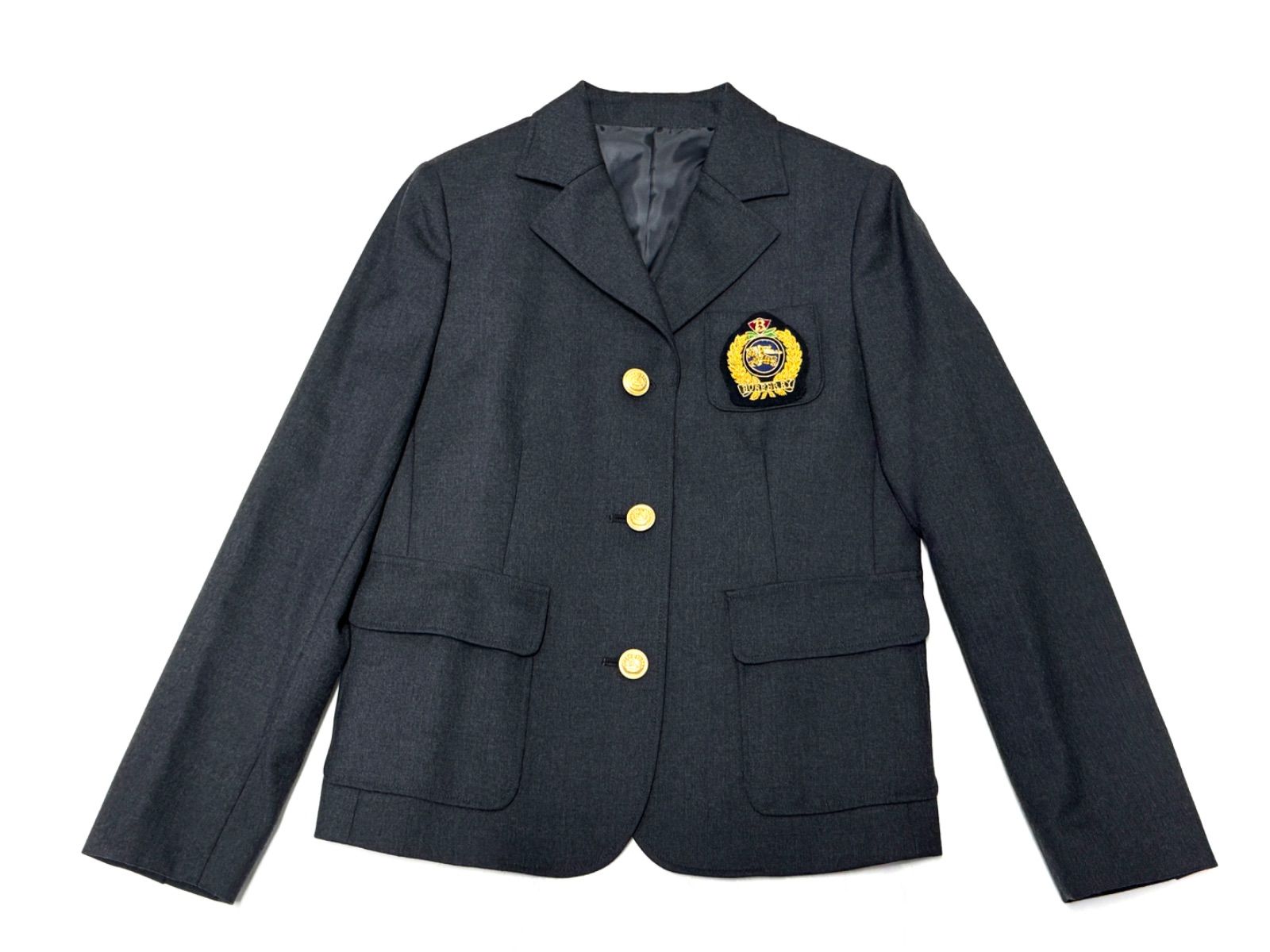 【ME092】美品 Burberry バーバリー フォーマル ジャケット サイズ140A ダークグレー系 ワッペン ゴールドボタン 卒業式 入学式 子供 キッズ エンブレム ブレザー