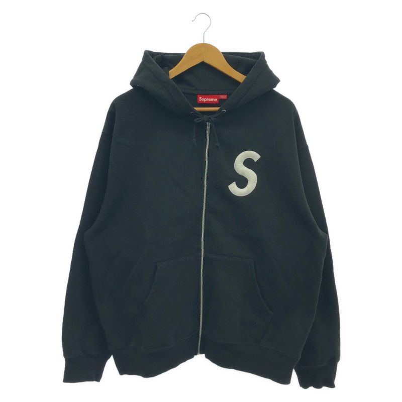 【中古】Supreme S Logo Zip Up Hooded Sweatshirt サイズL ブラック シュプリーム[92]