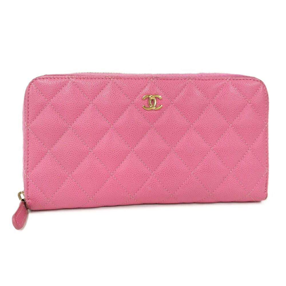 CHANEL ラウンドファスナー長財布 マトラッセ レザー ピンク