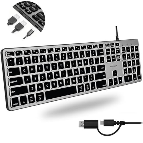 ★新品★MACALLY プレミアム有線バックライトキーボード USBポート付き - 最大3台のデバイスに接続 - (USB-A 2 | USB-Cポート1個) - Mac Mini/Pro iMac MacBook iPad PC用- フルサ 4b9662c7