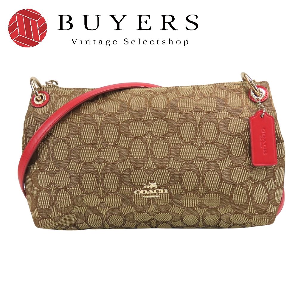 【中古】 コーチ ショルダーバッグ F55663 シグネチャー キャンバス レザー ベージュ レッド 斜め掛け レディース 女性 COACH