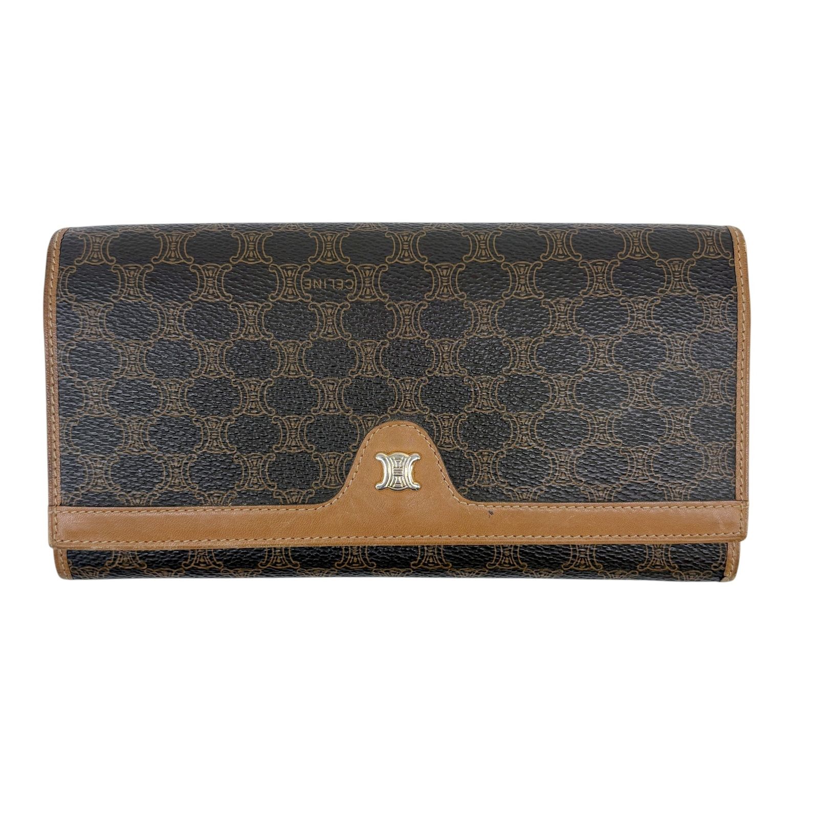 CELINE セリーヌ 二つ折り財布 がま口 ブラック×ブラウン　マカダム CELINE セリーヌ 長財布 マカダム柄 M07 ブラウン系 PVC×レザー