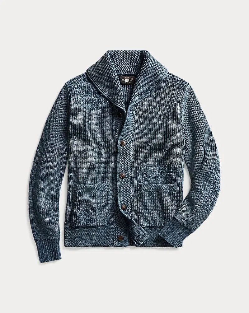 L RRL(ダブルアールエル) ディストレスト Indigo コットン ショールカラー カーディガン