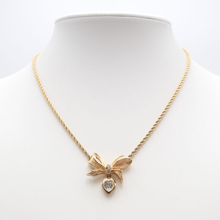 Christian Dior（クリスチャン ディオール）ヴィンテージ リボン ハートモチーフ ネックレス ラインストーン ゴールド レディース【中古】