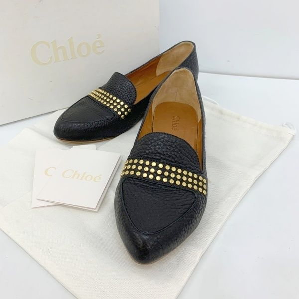 Chloe クロエ スタッズ付き ローファー フラットシューズ パンプス 革靴 レザー 本革 箱付き レディース サイズ37 ブラック 靴 DF20162■