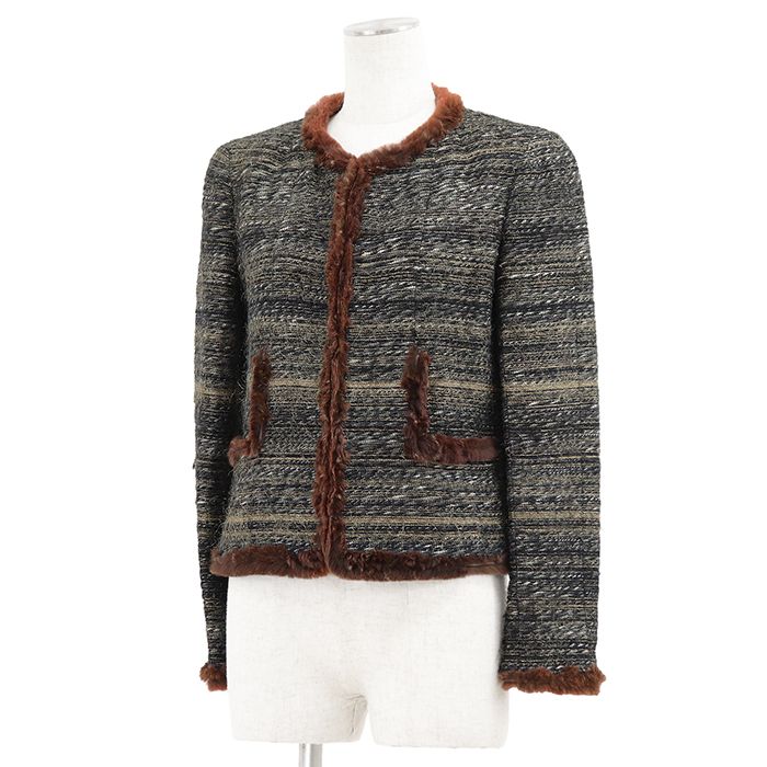 【美品】CHANEL シャネル ヴィンテージ ノーカラージャケット サイズ 38 レディース 05A P26746 ファートリム メタリック ツイード ロゴ COCOマーク ボタン アウター マルチカラー フランス製 カール・ラガーフェルド期