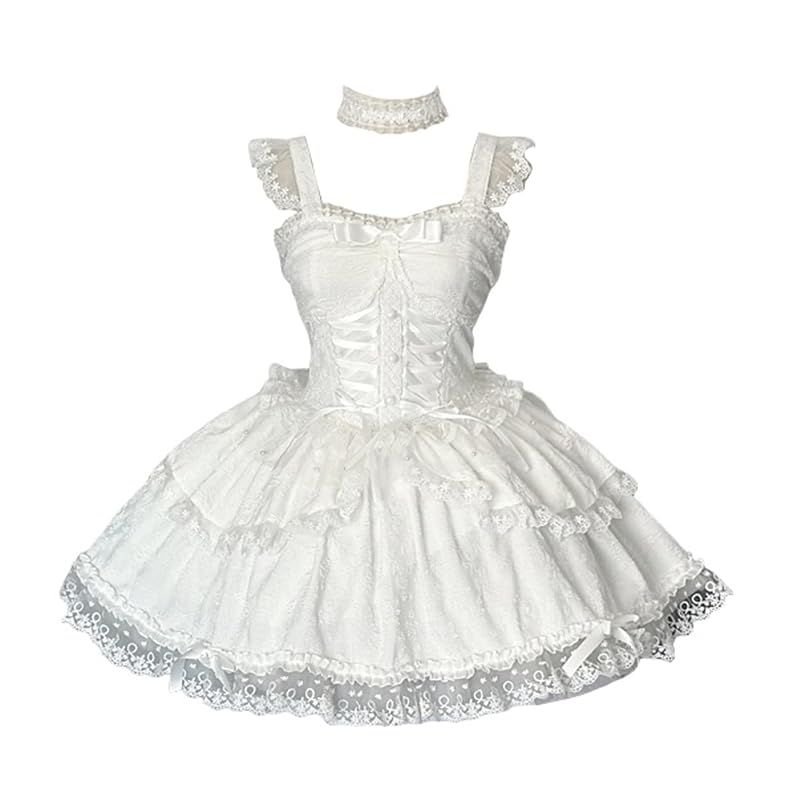 【新品】 [トクとユウ] ロリータ JSK ワンピース ゴスロリ 森ガール ジャンパースカート レース 編みこみ ネックレス ミニ ゴシック風 お姫様 可愛い リボン レース 森ガール アニメ ハロウィン 学園祭 (ホワイト, M)